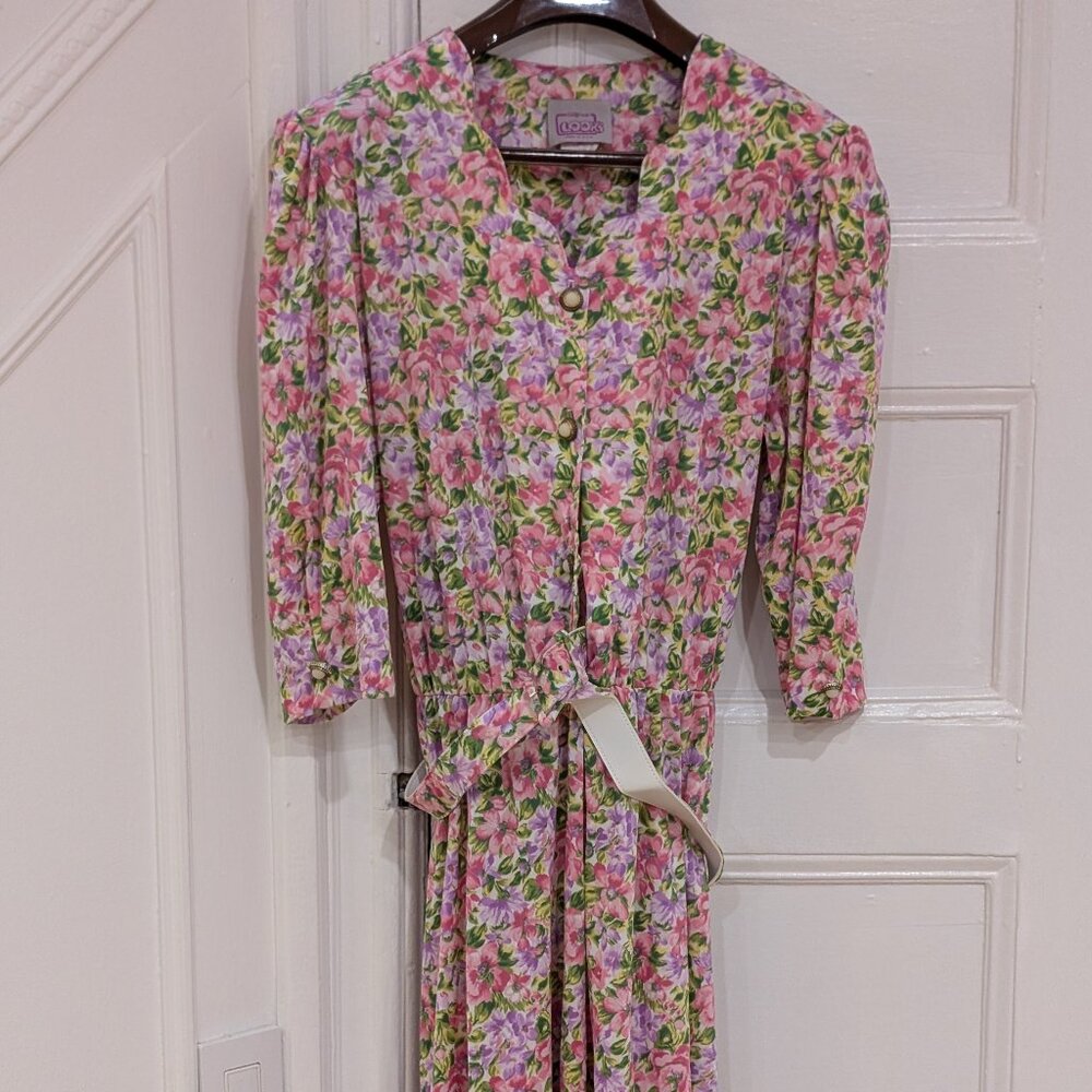 California Looks Women's Belted Waist Button Down Front Pastel Floral Dress 18